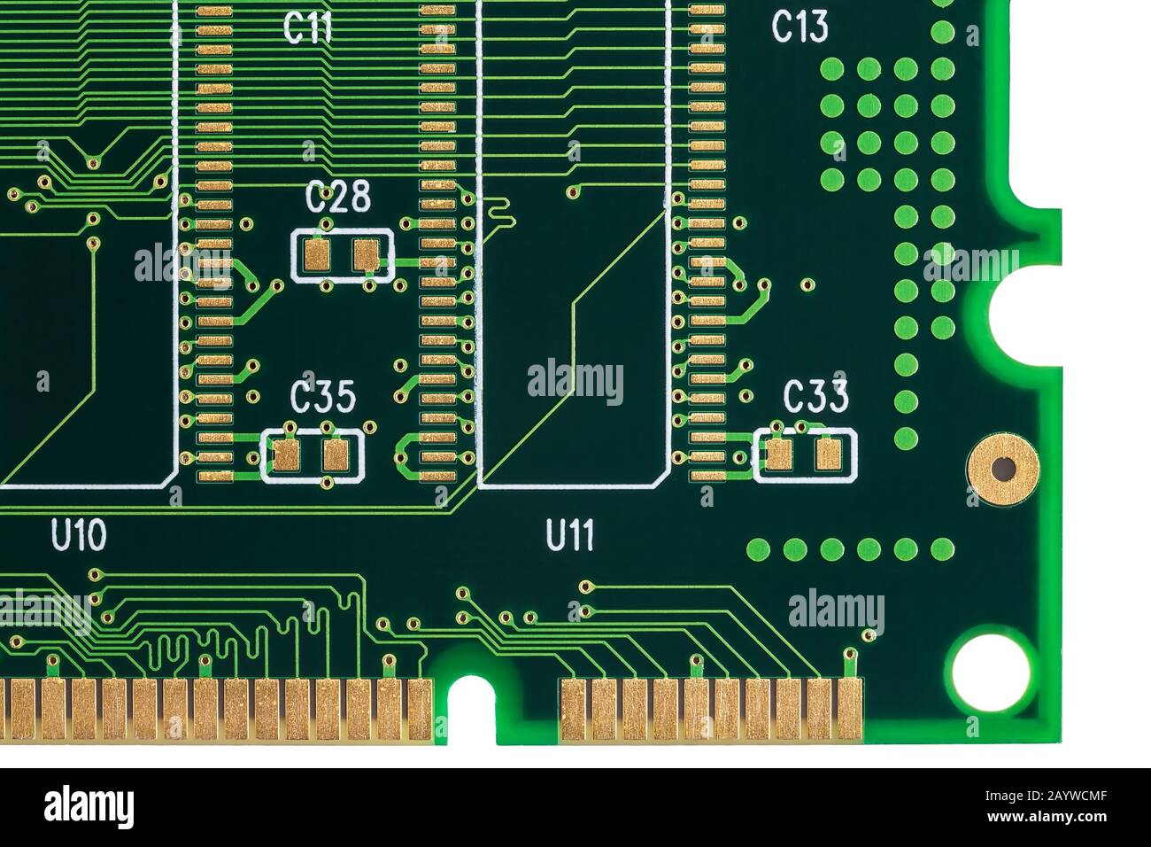 Circuit board of a memory module for a computer, without components, closeup Stock Photo