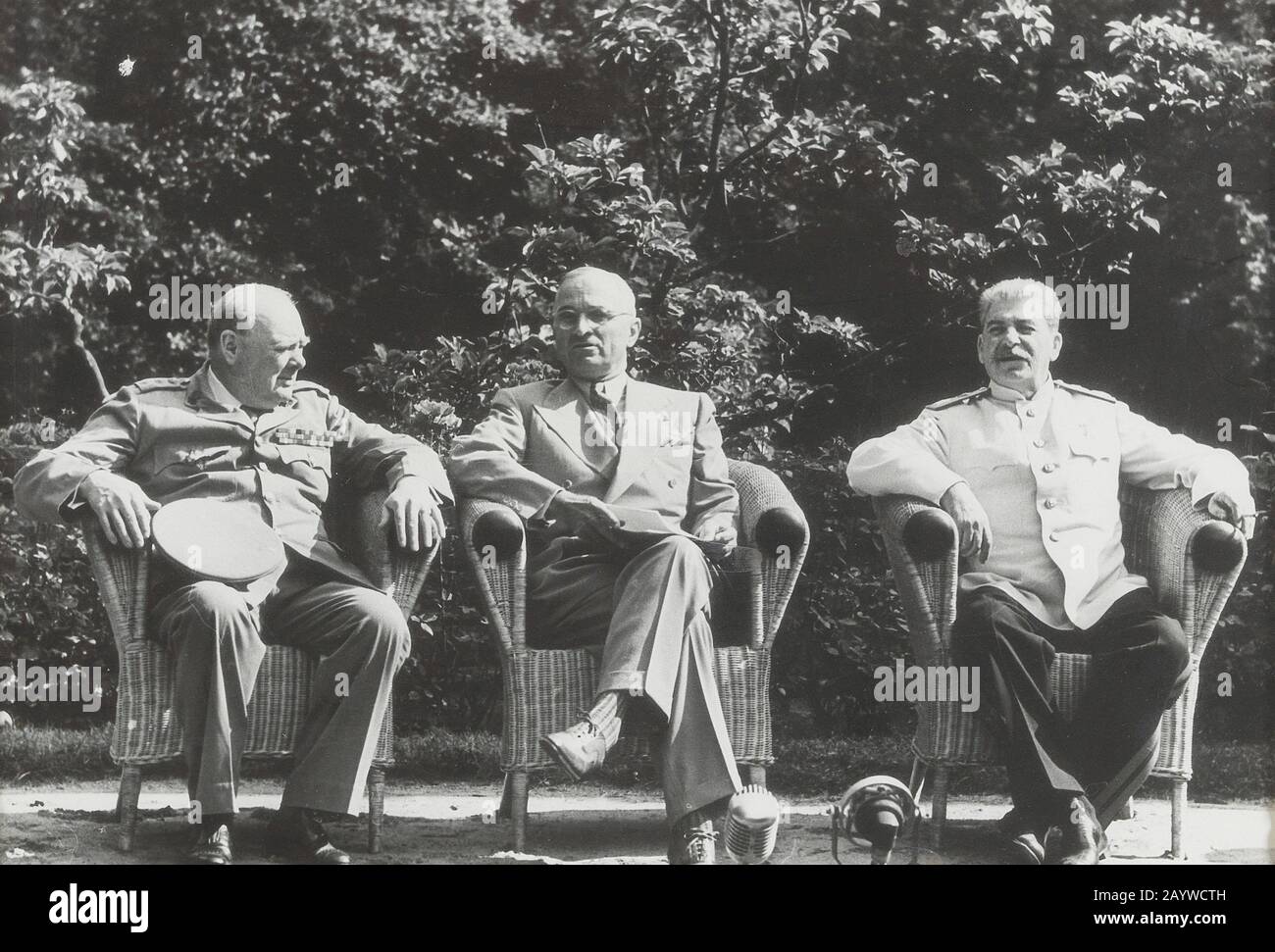 Winston Churchill, Harry Truman, Joseph Stalin at the Potsdam Conference, July 1945. Museum: PRIVATE COLLECTION. Author: Yevgeny Khaldei. Stock Photo
