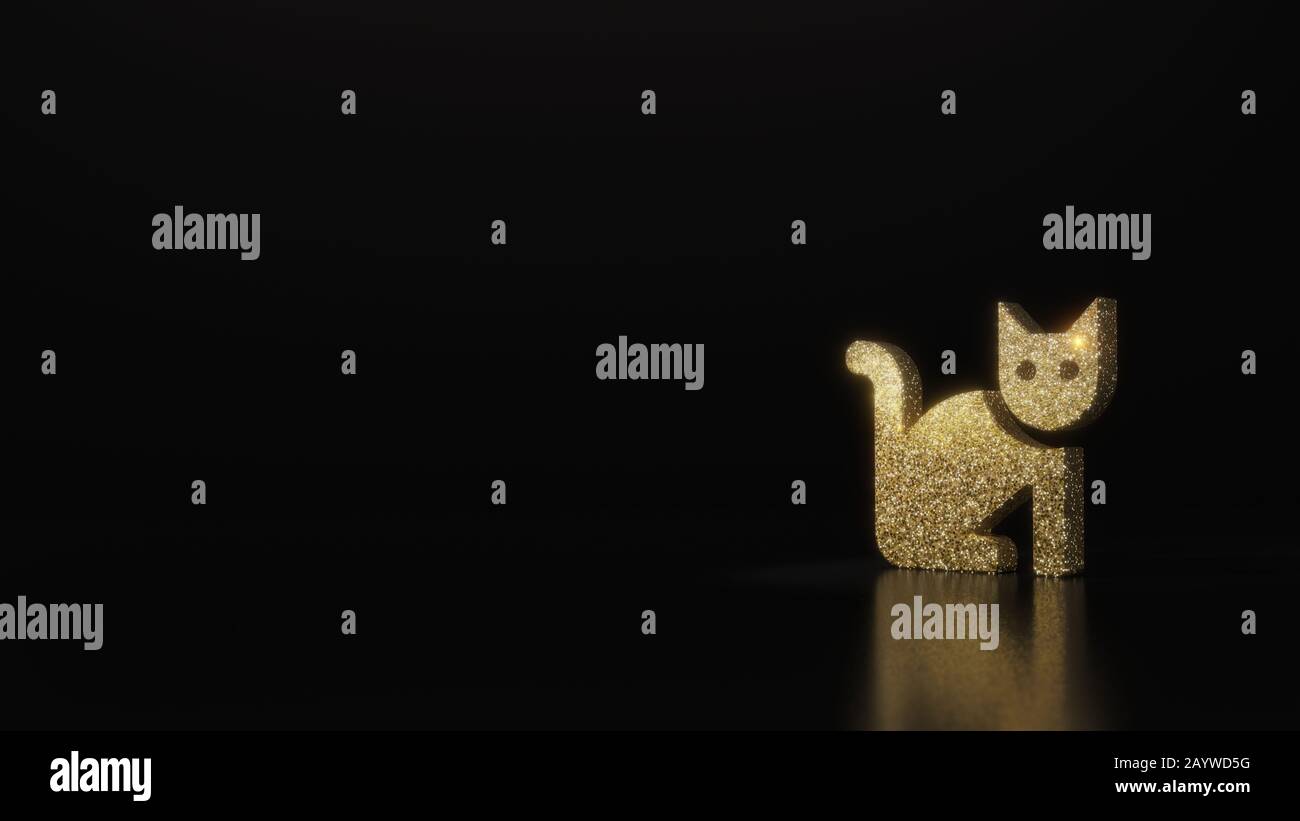 gold glitter symbol of cat 3D rendering on dark black background with