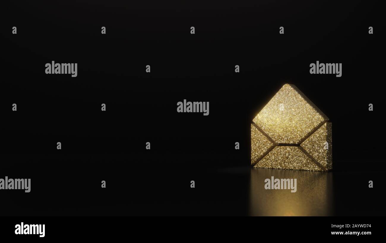 gold glitter symbol of paper open envelope 3D rendering on dark black ...