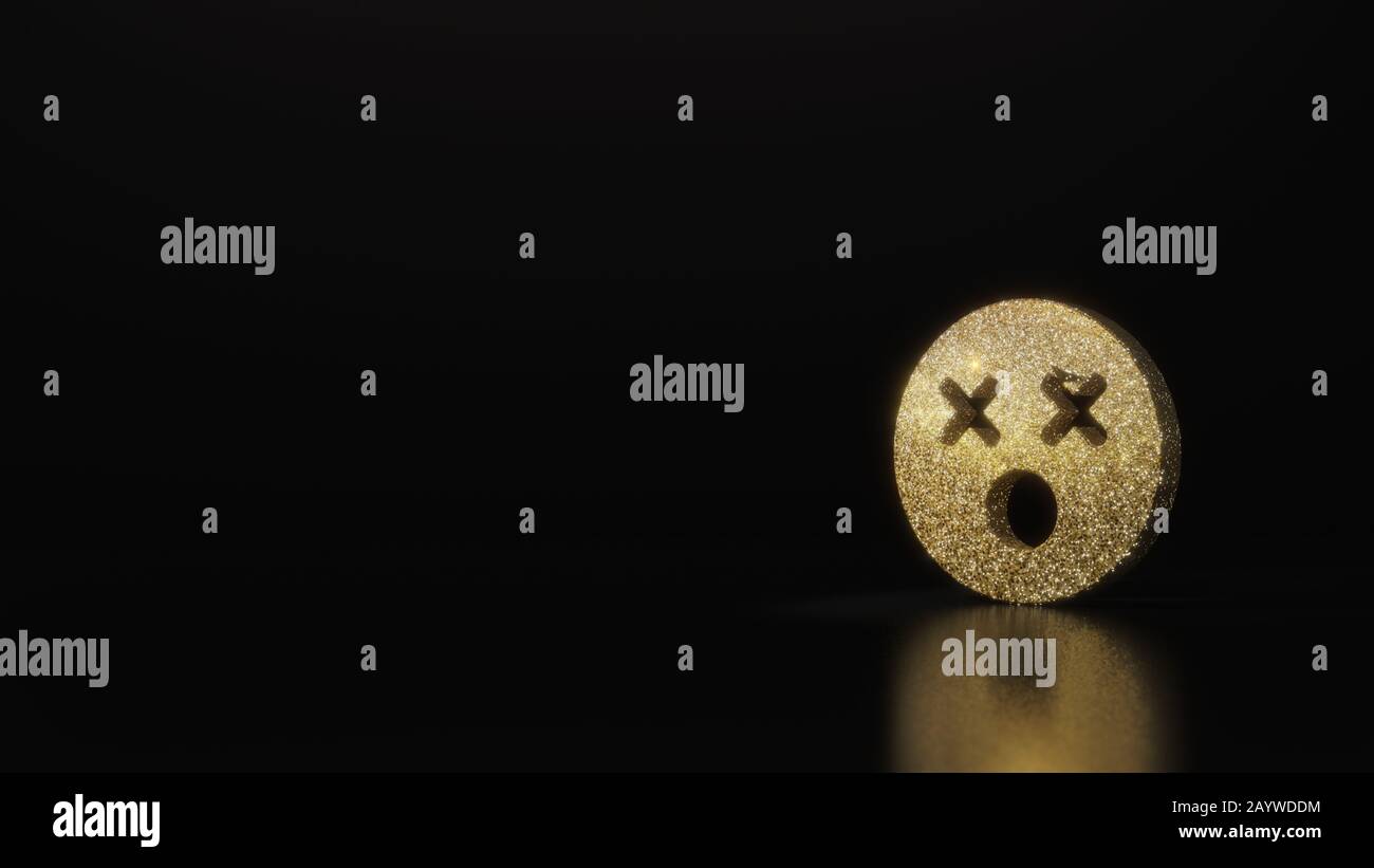 gold glitter symbol of dizzy emoticon 3D rendering on dark black