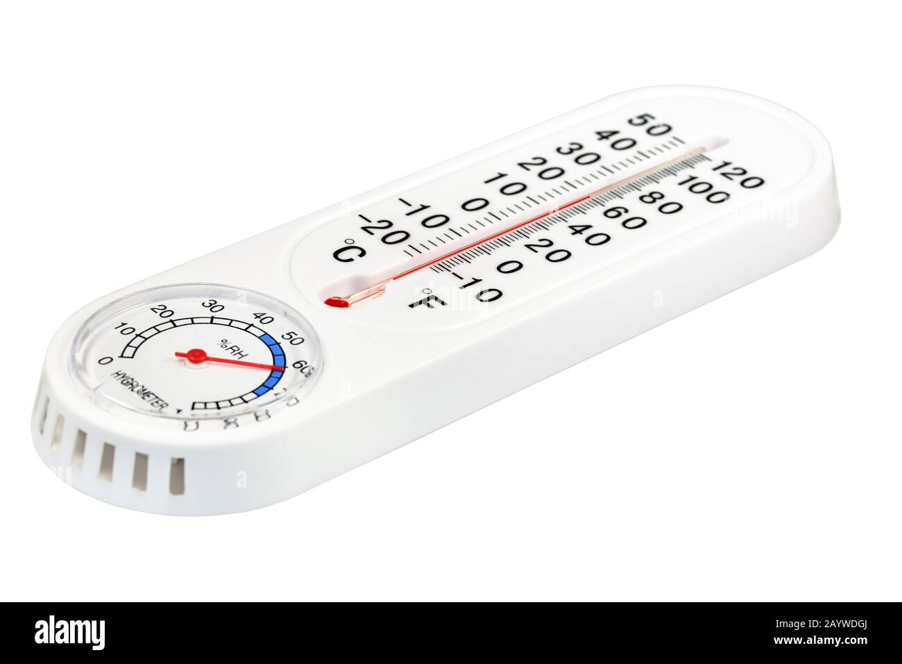 Household combined instrument for measuring temperature and humidity, on a white background isolated. Stock Photo