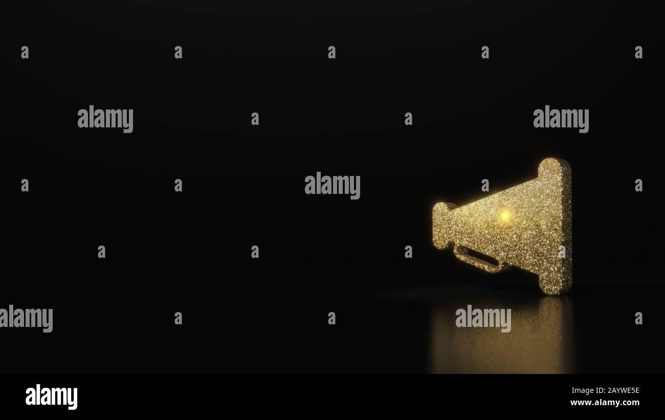 gold glitter symbol of old megaphone with handle 3D rendering on dark