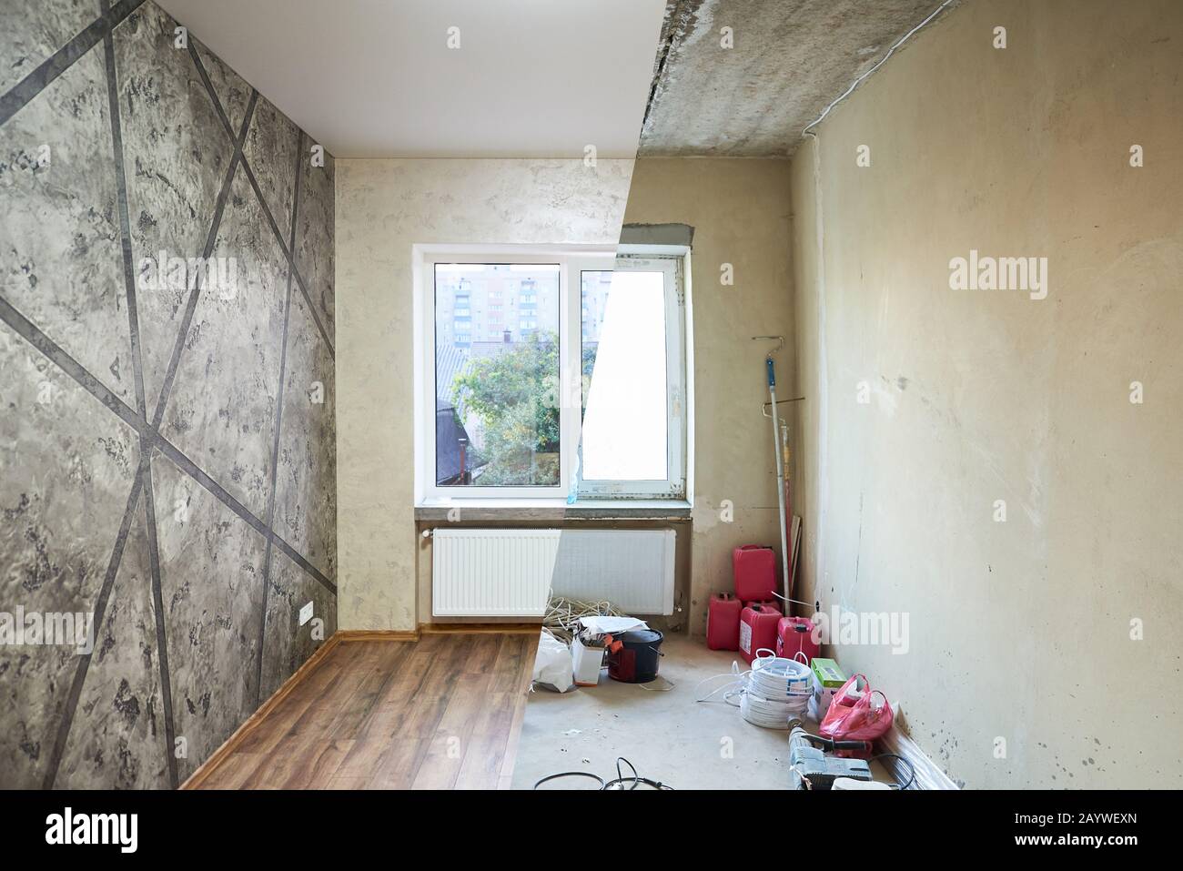 Living room before and after renovation works, new window, window sill, grey wallpapers and wood textured laminate, renovation concept Stock Photo