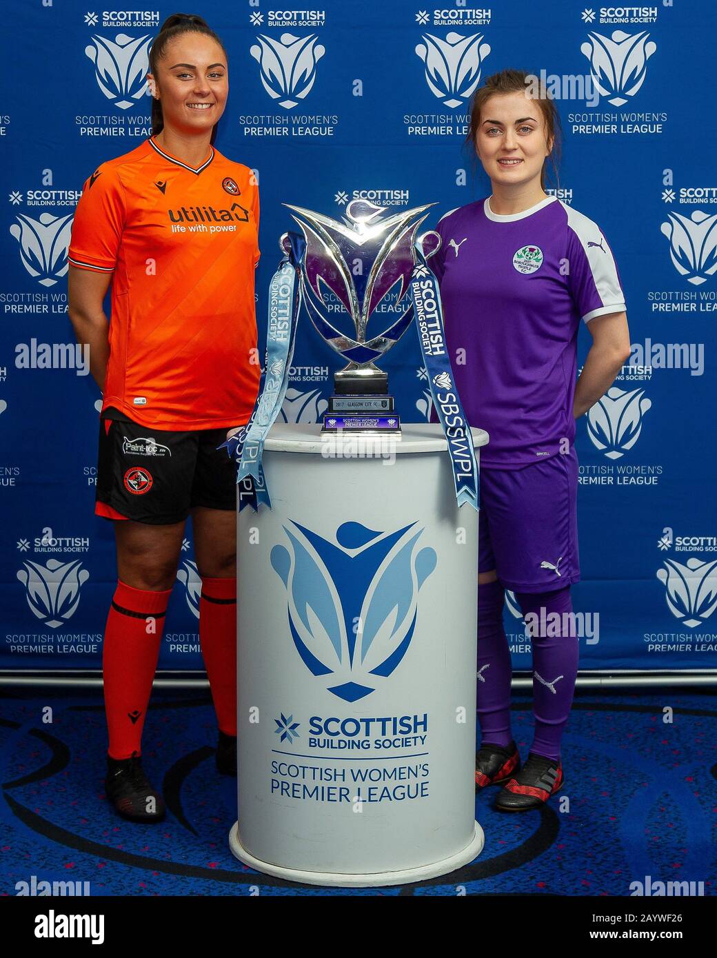 Glasgow, UK. 17th Feb 2020. Keira Johnstone of Dundee United & Hannah Markley of Boroughmuir Thistle during the Scottish Building Society Scottish Women's Premier League Season Launch Event at The National Stadium, Hampden Park, Glasgow, Monday 17th February 2020 | Credit Colin Poultney/Alamy Live News Stock Photo