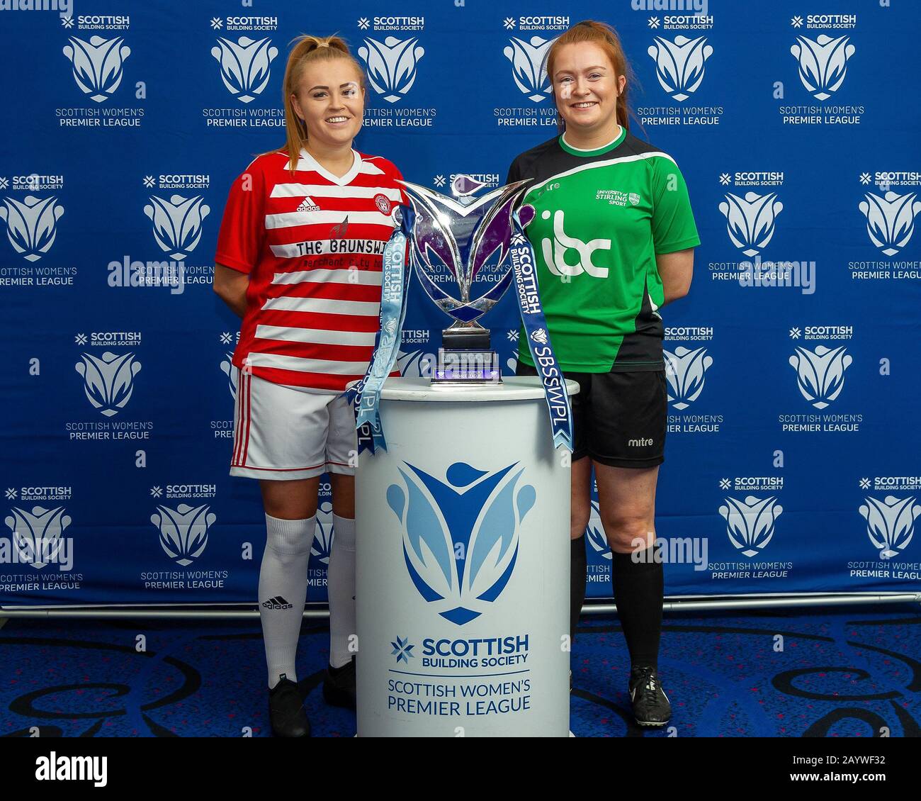 Glasgow, UK. 17th Feb 2020. Megan Quinn of Hamilton Academical & Ciara Bonner of Stirling University LFC during the Scottish Building Society Scottish Women's Premier League Season Launch Event at The National Stadium, Hampden Park, Glasgow, Monday 17th February 2020 | Credit Colin Poultney/Alamy Live News Stock Photo