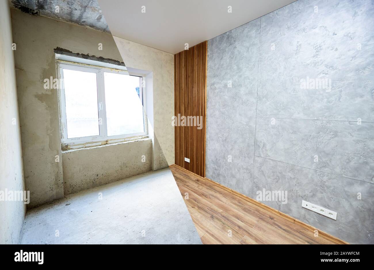 Kitchen before and after renovation works, new window before the final works, wooden texture on the wall and floor, grey wallpaper Stock Photo