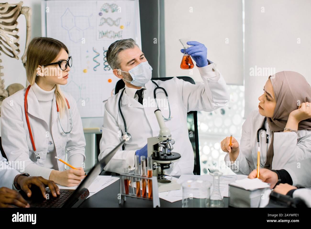 Medical science research, medicines development, genetics concept. Team ...