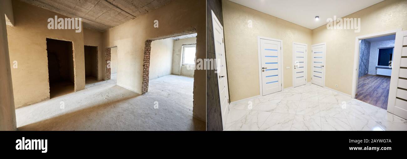 Spacious concrete area with empty doorways vs finished shiny hallway with closed white doors, view to one of the rooms, construction concept Stock Photo