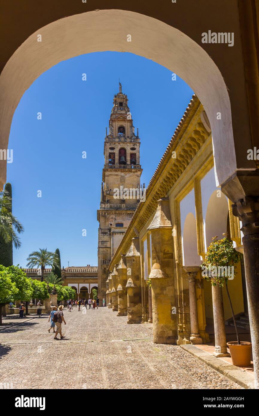 Arch and bell tower of the mosque cathedral in Cordoba, Spain Stock Photo