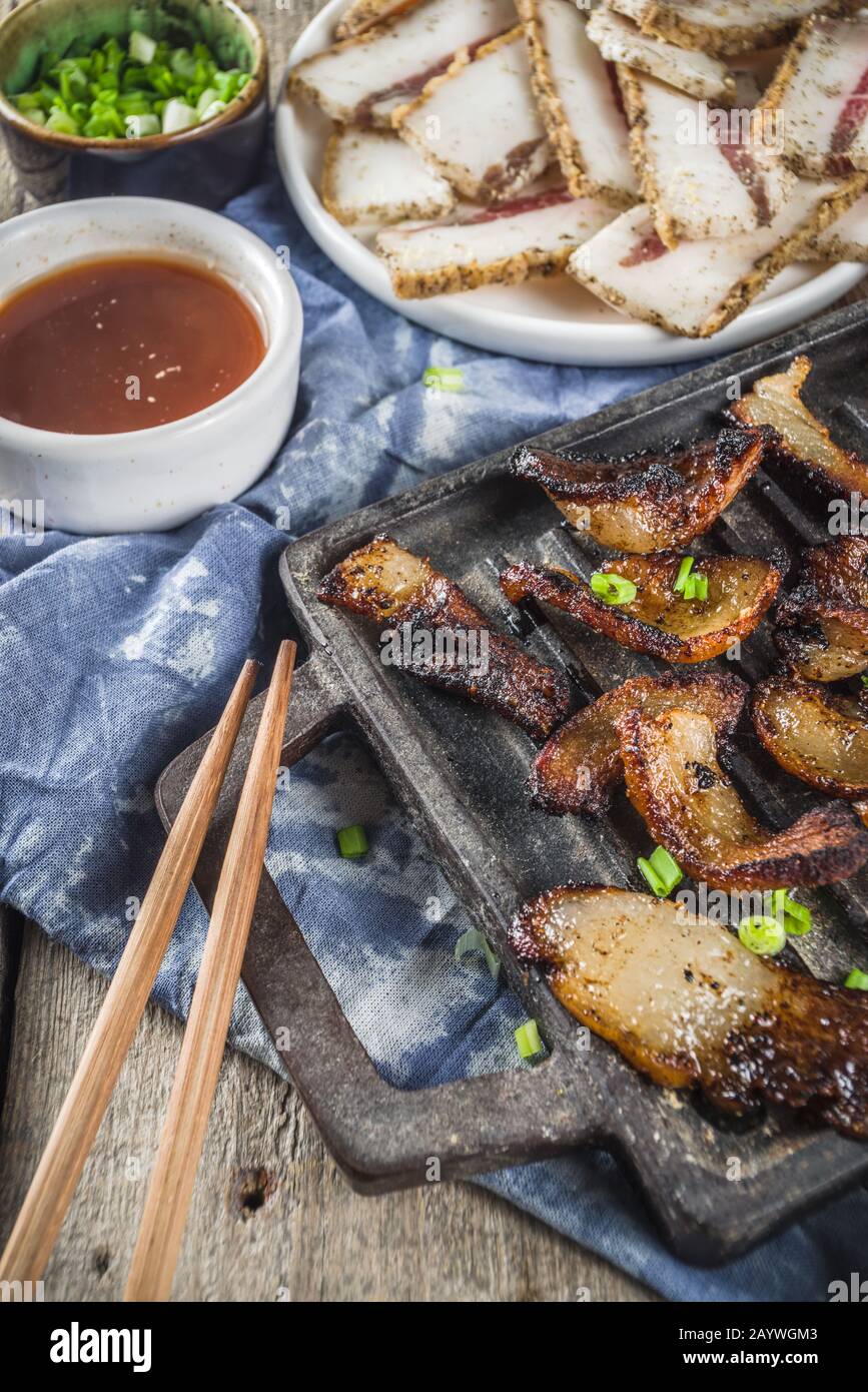 Korean traditional national food. Asian food. Korean food frozen pork belly, Sliced pork belly