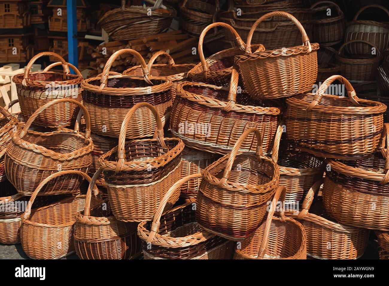 Traditional handmade baskets in street souvenir shop in Germany. Close