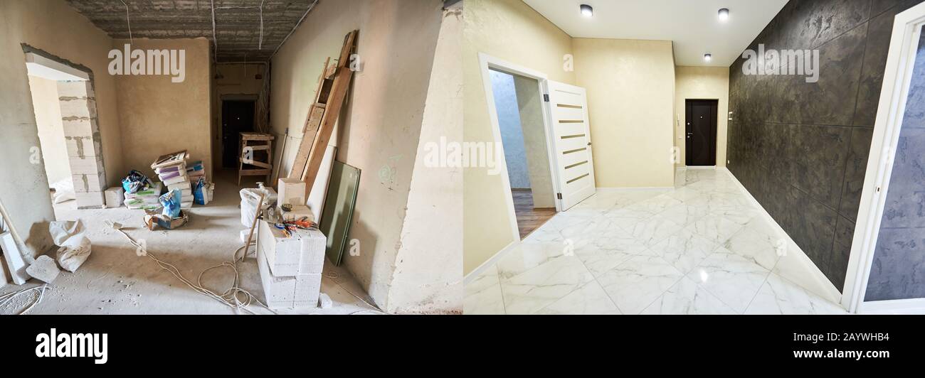 Messy dirty room at the beginning of reconstruction works vs clean shiny tiled corridor, white floor and black wall, renovation concept Stock Photo