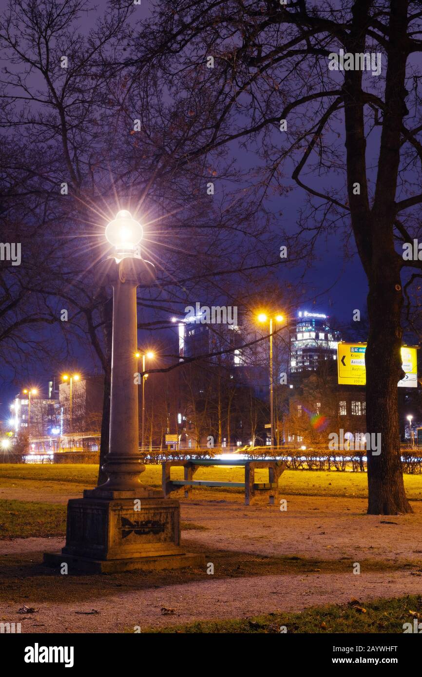 Ljubljana, Slovenia - February 2, 2020: Night scene of city centre from Tivoli park in the city of Ljubljana, Slovenia. Population, urbanism, tourism Stock Photo