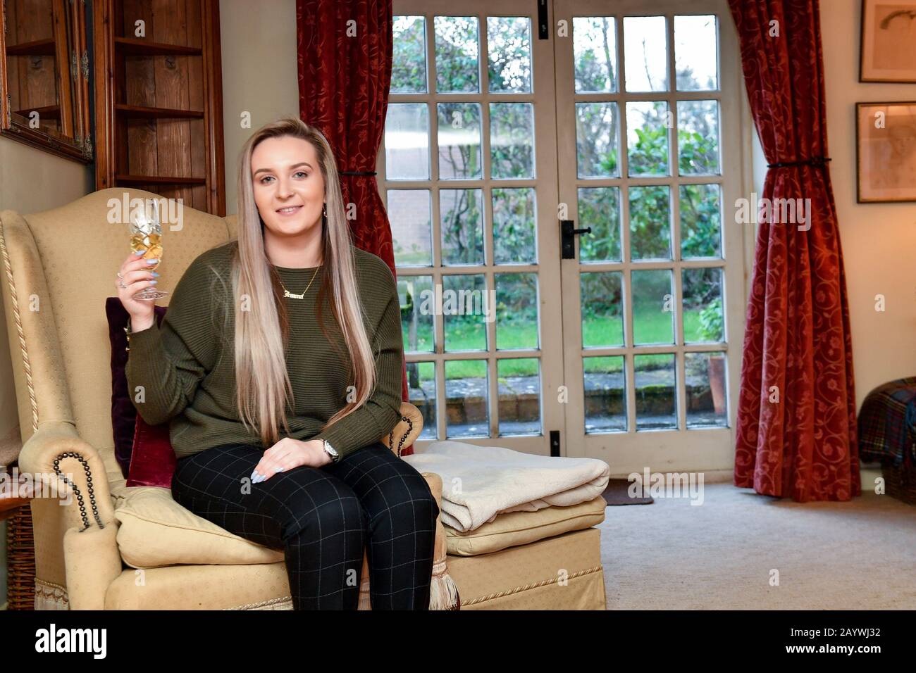 Jemma Nicklin, 23, during her first visit to Shrubbery Farm in Longnor near Shrewsbury, a 300-year-old four bedroom farmhouse which she won after buying two £2 tickets in a raffle organised by owner Mike Chatha. Stock Photo