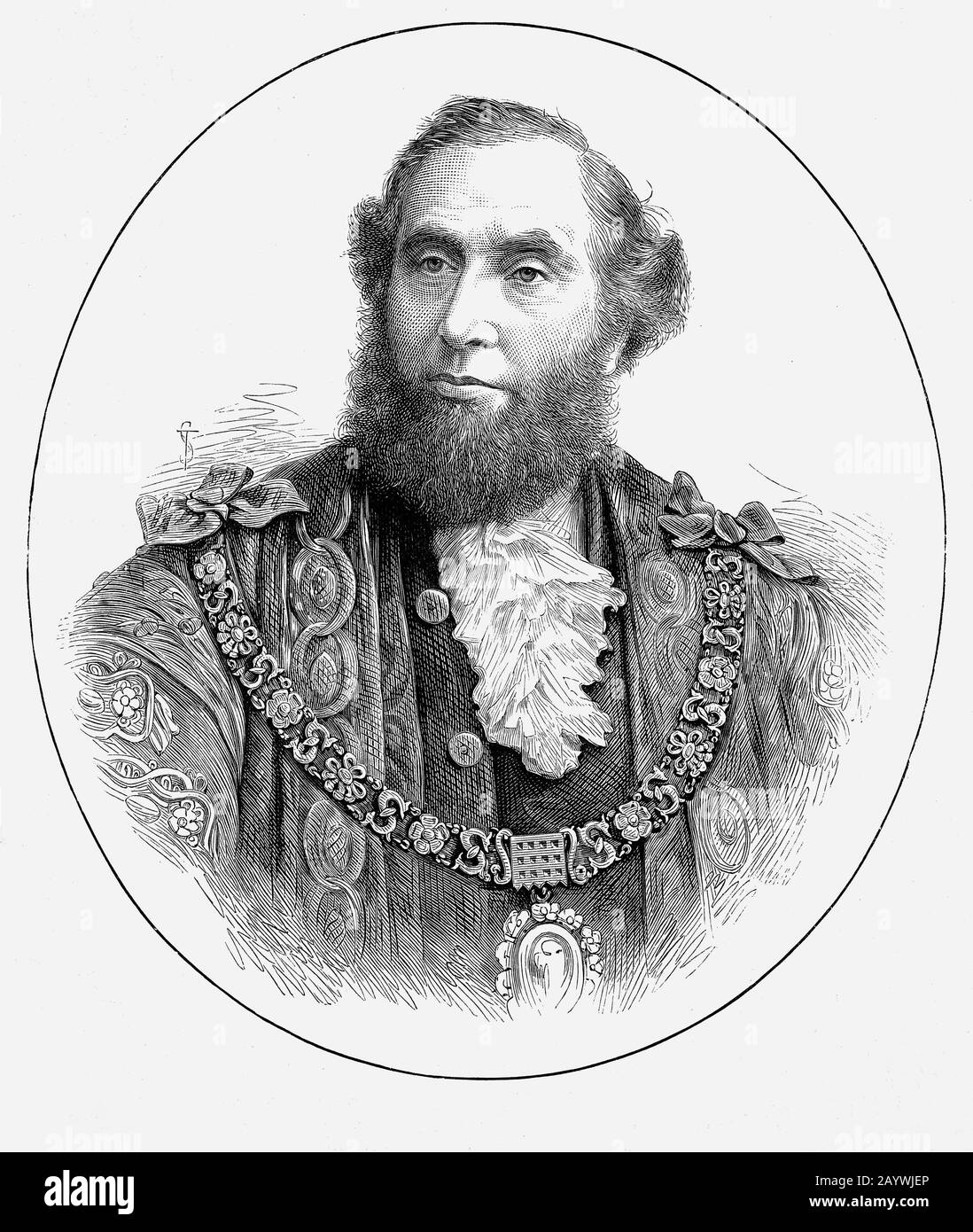 Sir John Whittaker Ellis (1829-1912), Lord Mayor of London for 1881-1882 in which year he was made a baronet. Two years later he was elected and re-elected Conservative Member of Parliament for eight years, not seeking further re-election. A very prosperous banking executive, estate agent and auctioneer among his legacies was a fire station at Byfleet, Surrey; he sat on the boards of various hospitals and his wife was also engaged in charities. Stock Photo