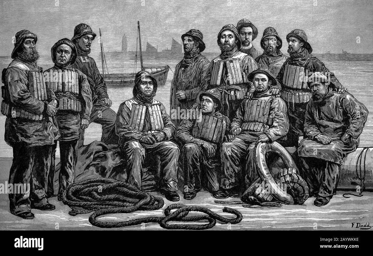 The Ramsgate lifeboat crew ready for action, particularly around the Goodwin Sans in the English Channel, circa 1881. The Royal National Lifeboat Institution (RNLI) has provided lifeboats to lifeboat stations in the United Kingdom and Ireland. It was founded in March 1824, but reorganised following the loss of the lifeboat Providence and 20 of her crew of 24 in the mouth of the river Tyne in December 1849, when the need for larger, self-righting boats became apparent. Stock Photo