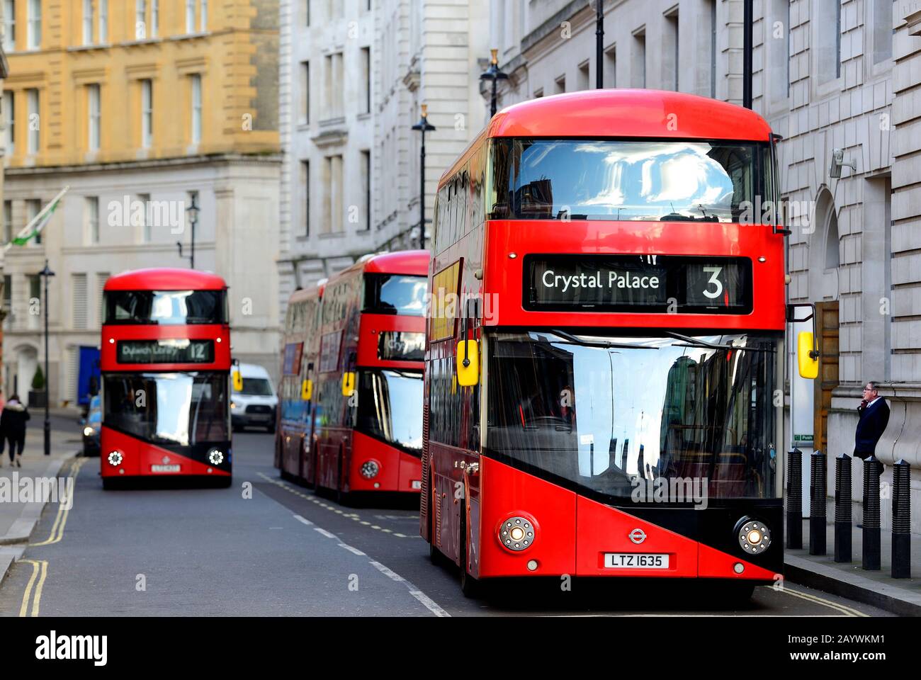 London, England, UK. New Routemaster Double Decker buses in Westminster. Stock Photo