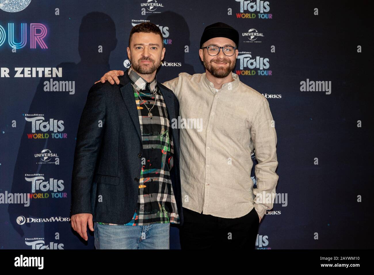 Berlin, Germany. 17th Feb, 2020. 17.02.2020, Justin Timberlake and Mark Forster at the photocall for the film Trolls World Tour at the Waldorf Astoria Hotel in Berlin. The new animated film from DreamWorks Animation, distributed by Universal Pictures International Germany, will be launched nationwide on April 23, 2020 in German cinemas. | usage worldwide Credit: dpa picture alliance/Alamy Live News Stock Photo