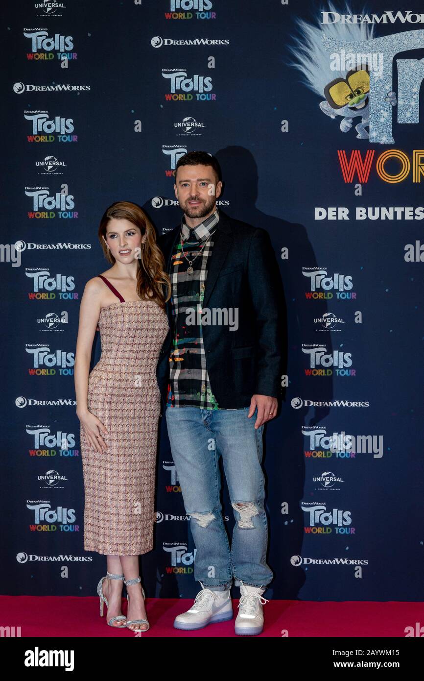 Berlin, Germany. 17th Feb, 2020. 17.02.2020, Anna Kendrick and Justin Timberlake at the photocall for the film Trolls World Tour at the Waldorf Astoria Hotel in Berlin. The new animated film from DreamWorks Animation, distributed by Universal Pictures International Germany, will be launched nationwide on April 23, 2020 in German cinemas. | usage worldwide Credit: dpa picture alliance/Alamy Live News Stock Photo