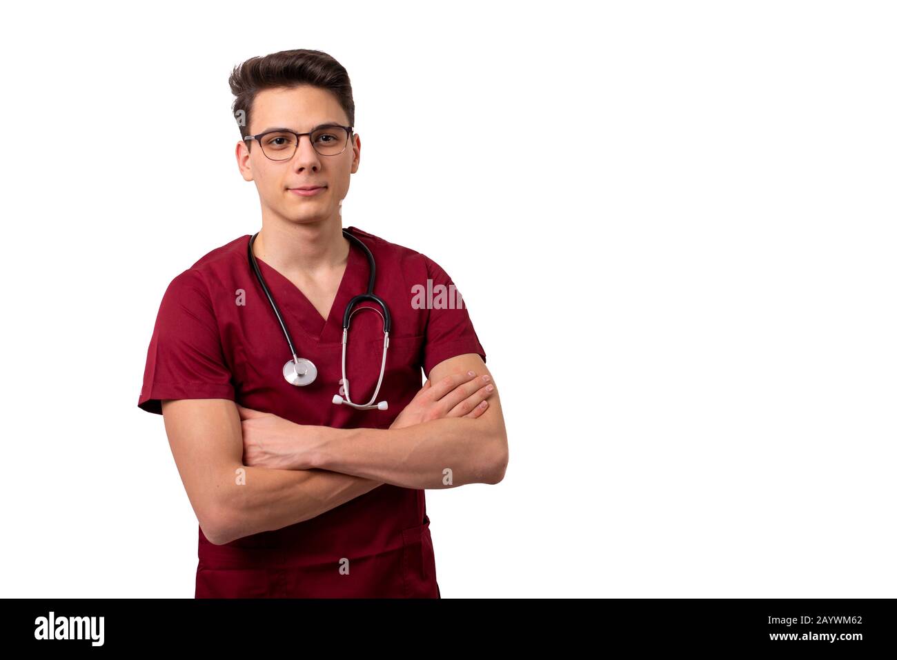 healthcare and medicine concept - young male doctor with stethoscope Stock Photo