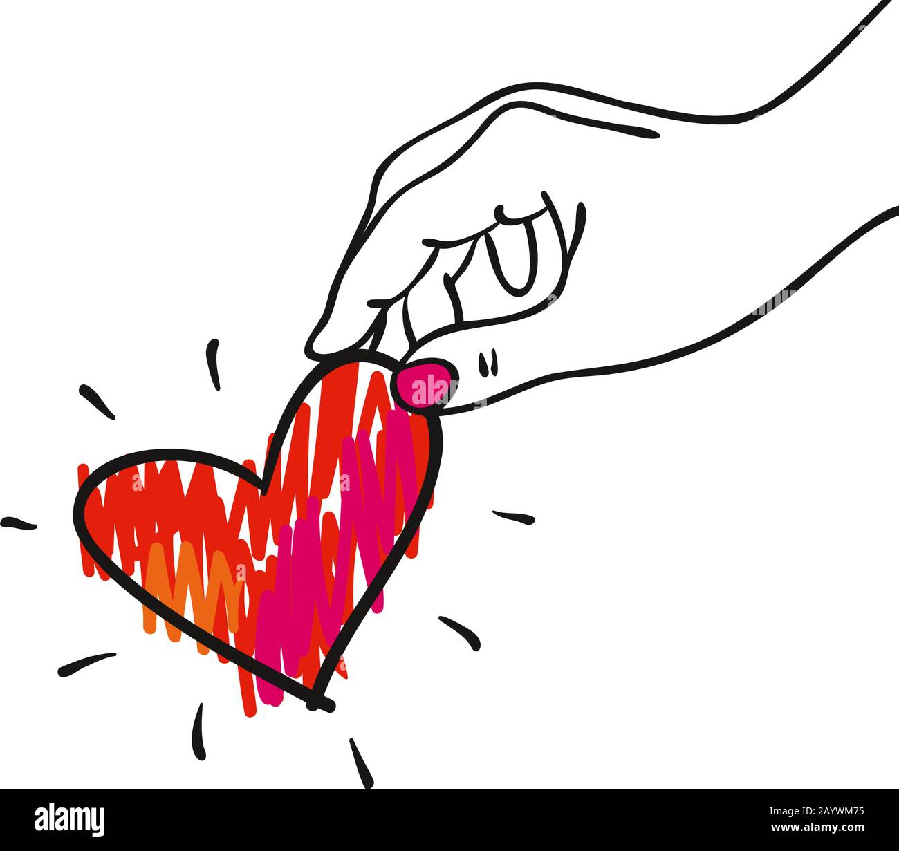 Give away his heart - Hand with decorative red-pink heart- hand-drawn vector illustration for banners, cards Stock Vector