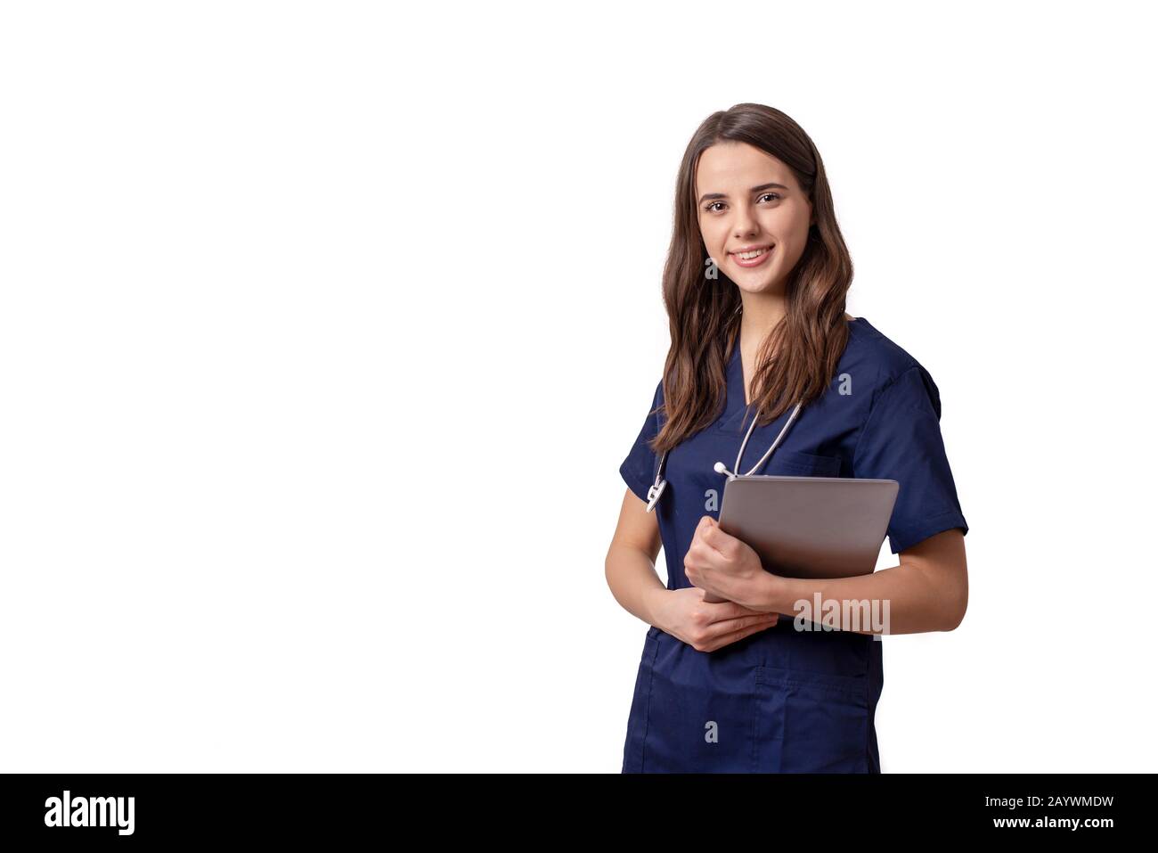 cheerful young female doctor with stethoscope over neck looking at camera isolated on white Stock Photo