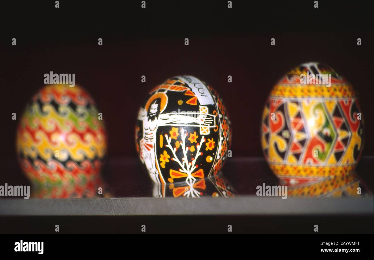 Pysankas against dark background. Easter holiday. Kolomyia. Stock Photo