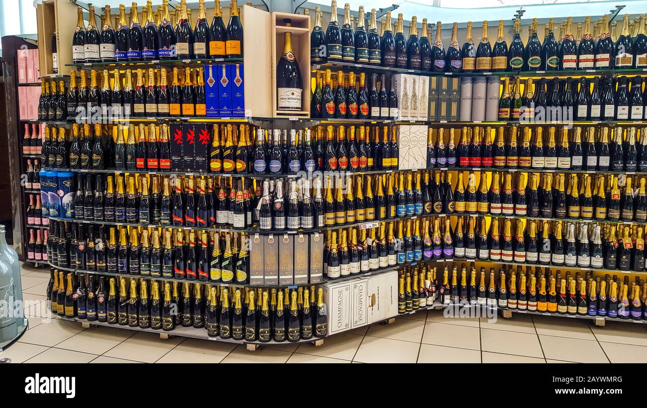 Display of french Champagne bottles in a french hypermarket Stock Photo