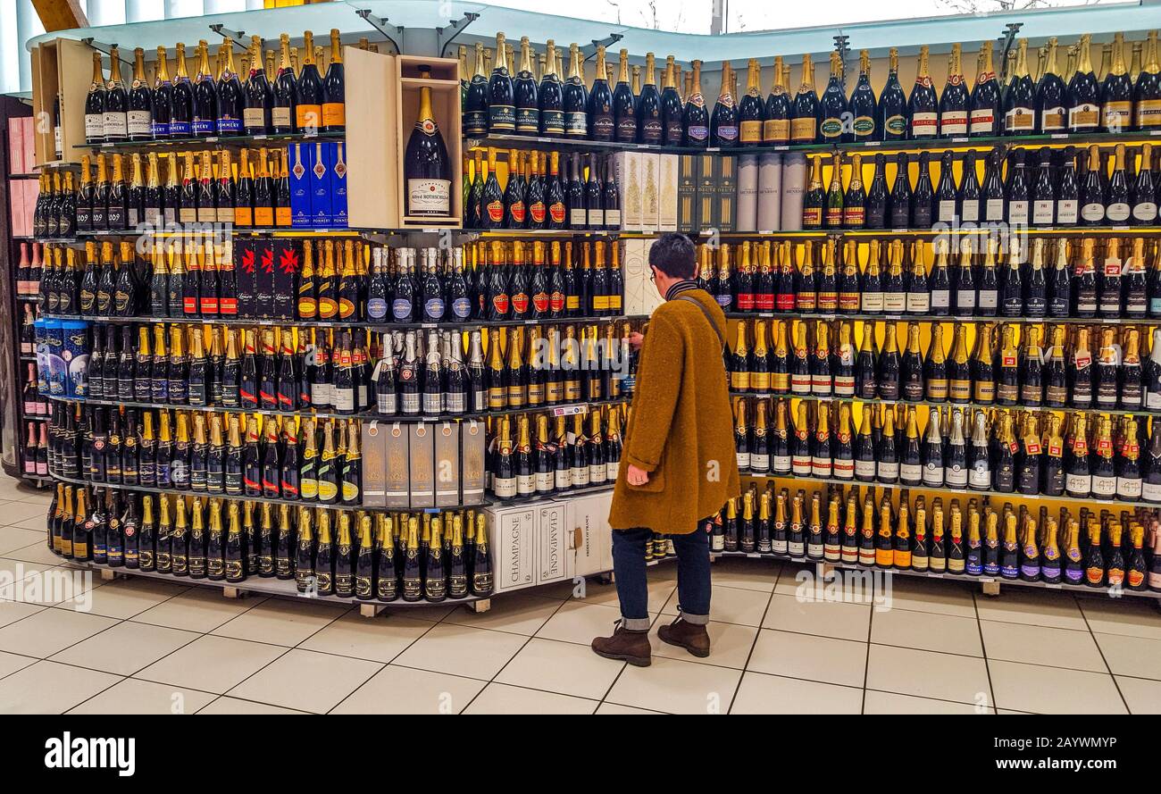 Display of french Champagne bottles in a french hypermarket Stock Photo