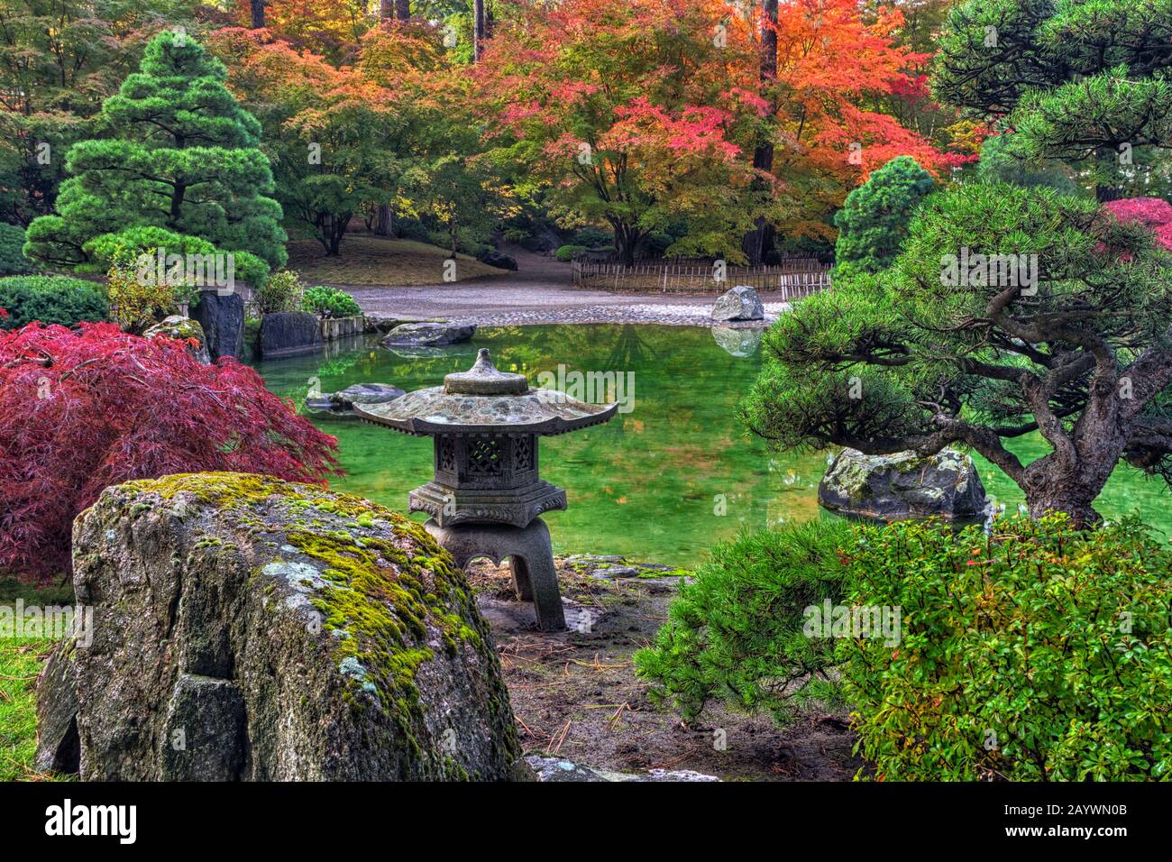 One of the most popular and arguably the most beautiful garden in Spokane Washington, the  Nishinomiya Japanese Garden is located in the Manito Park o Stock Photo