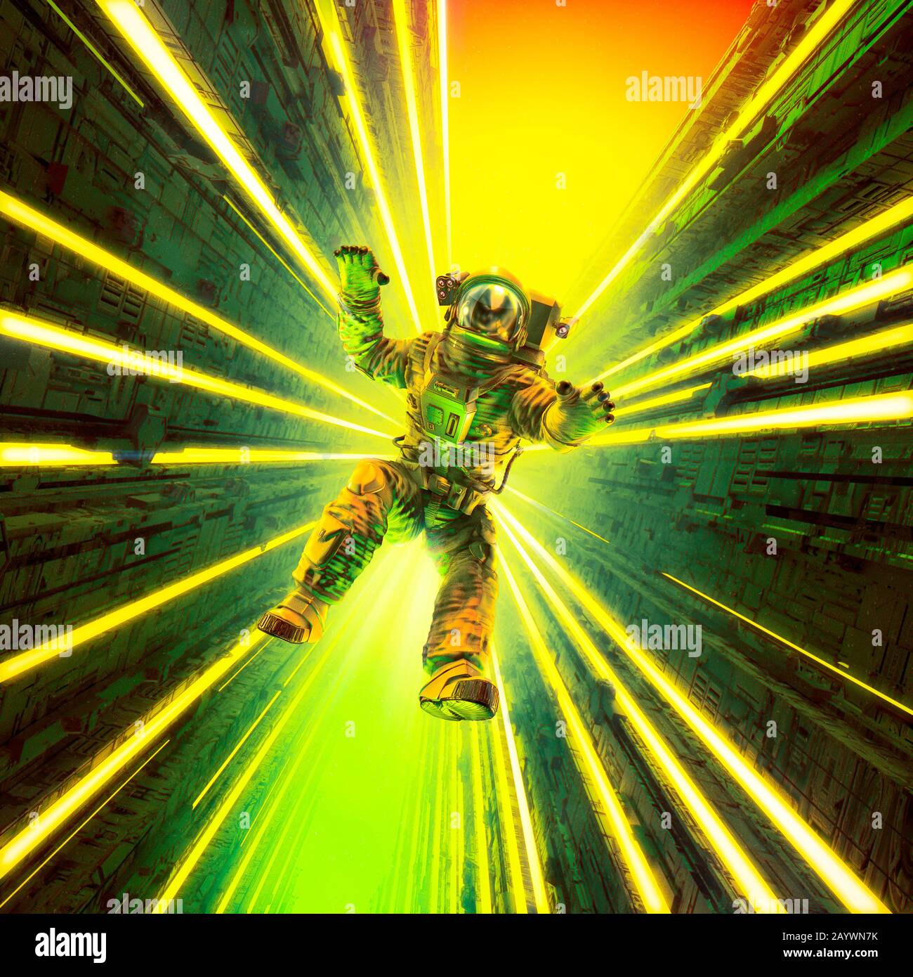 Spaceman Falling Through Space Once more over the rainbow / 3D illustration of science fiction scene ...