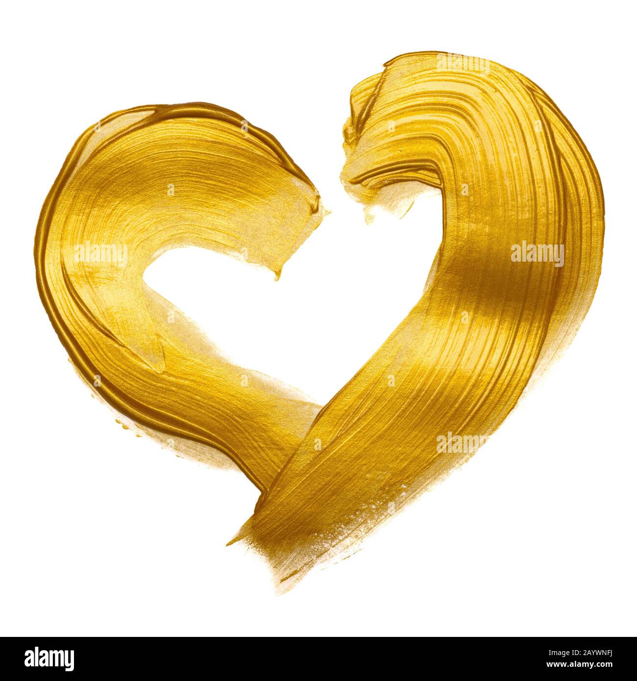 Gold paint heart hand brush stroke design element isolated on white background. Stock Photo