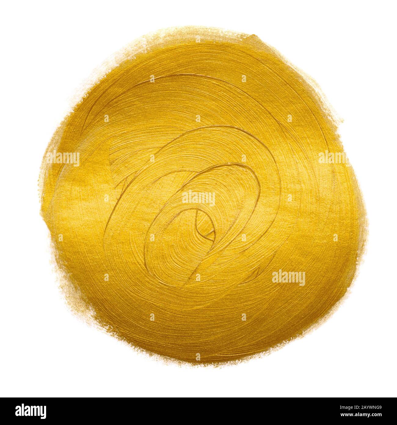 Gold metallic foil paint hand brush circle round design element isolated on white background. Stock Photo