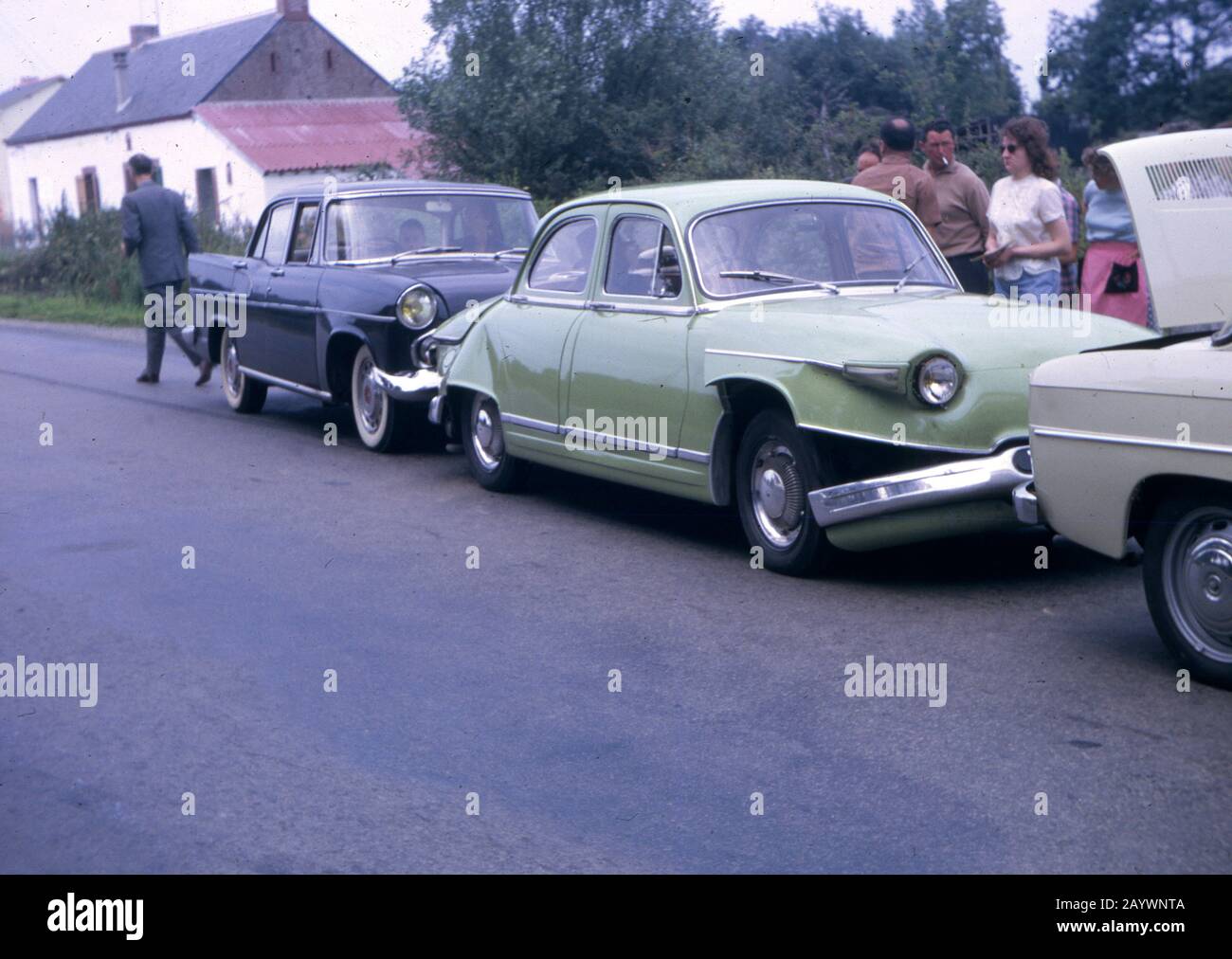 Accident of vintage cars, bumpers crashed between two old cars, France Stock Photo