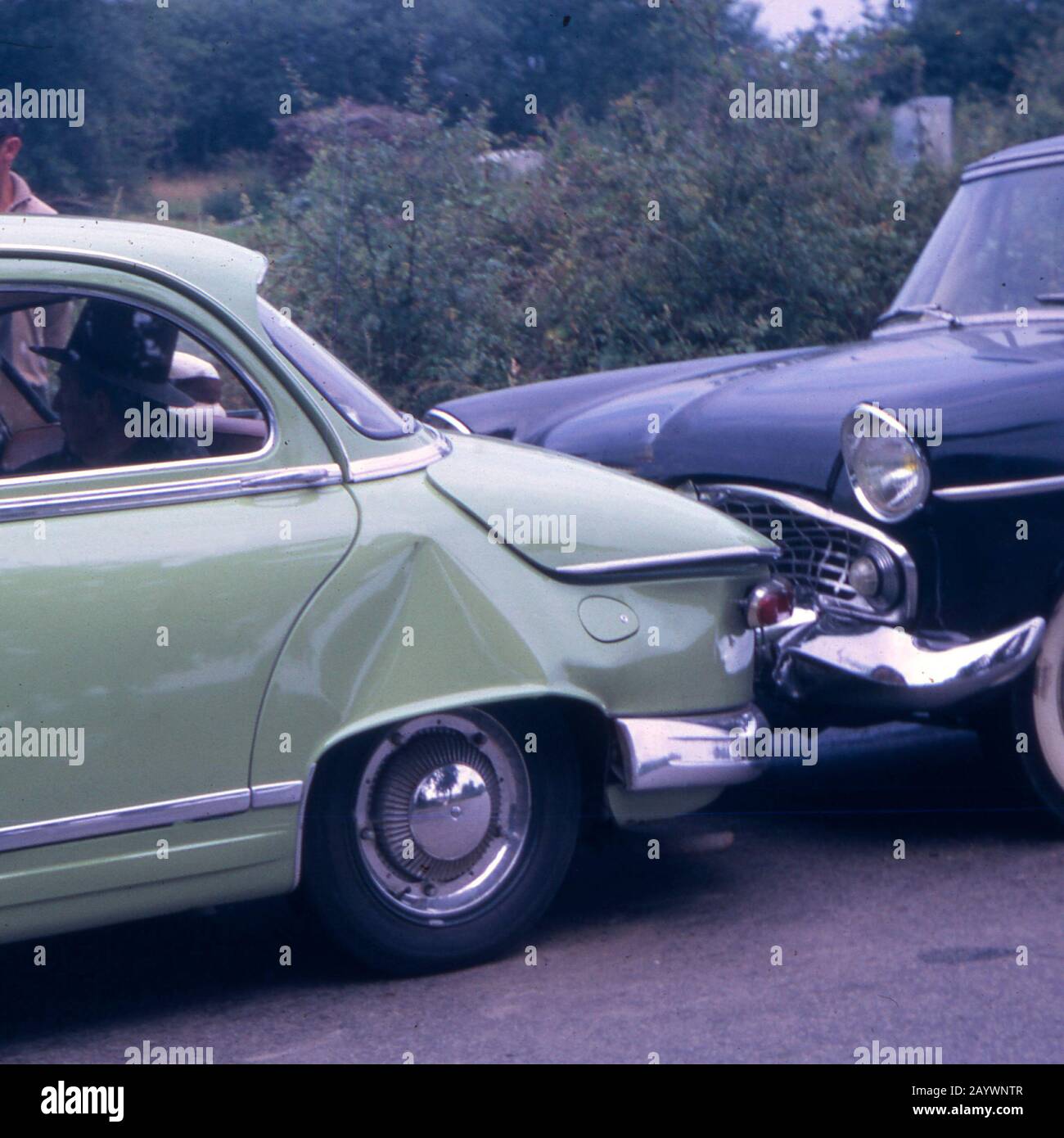 Accident of vintage cars, bumpers crashed between two old cars, France Stock Photo