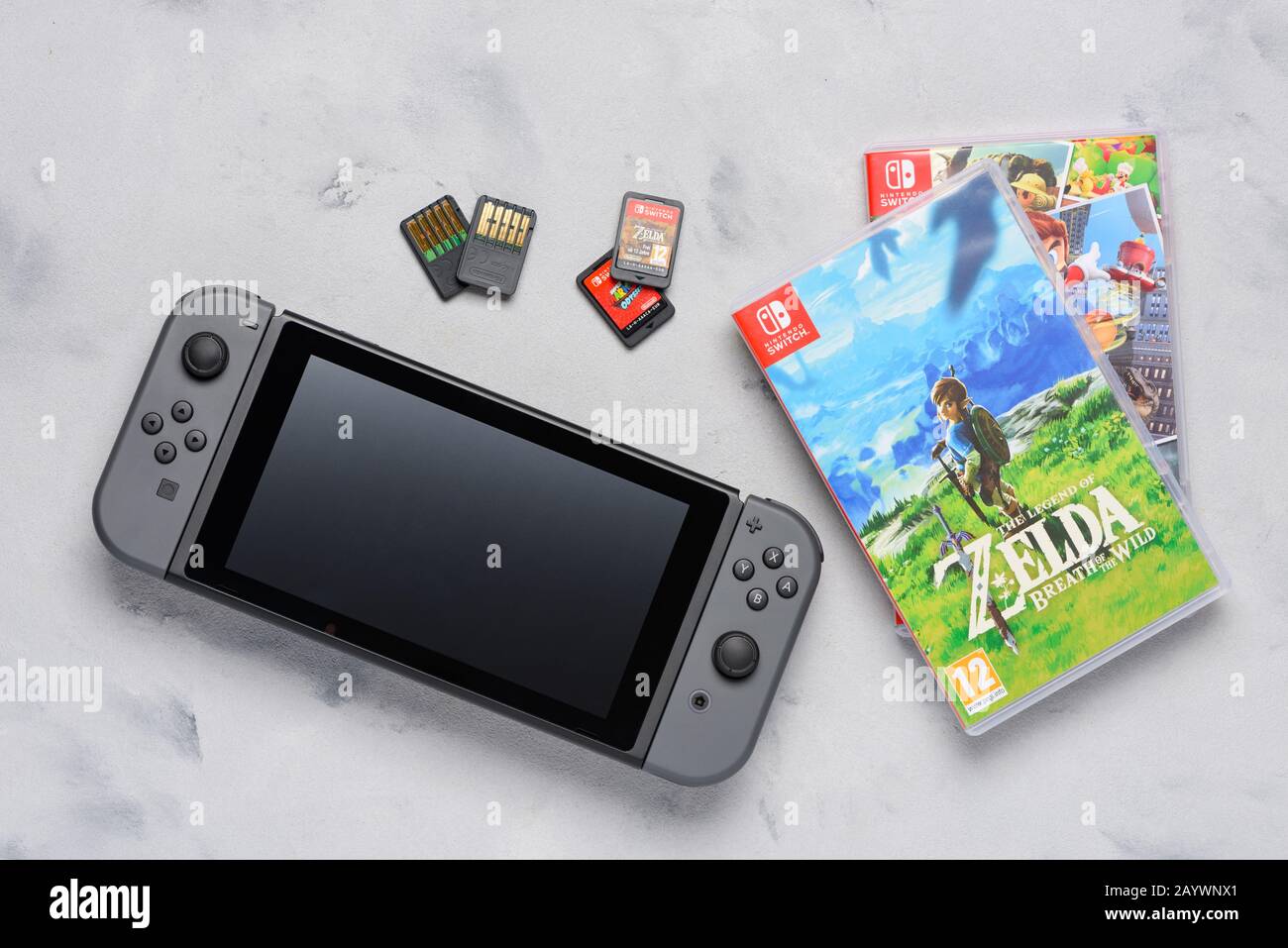 Krakow, Poland - Januray 14, 2020: Nintendo Switch gaming console with  popular Zelda and Mario games and game cards flat lay on table.  Illustrative e Stock Photo - Alamy