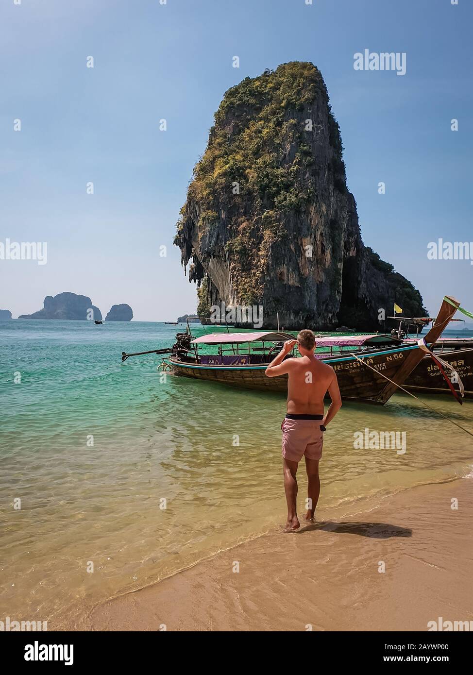 Krabi Thailand January 2020, tourist at the beach, Railay beach with a ...