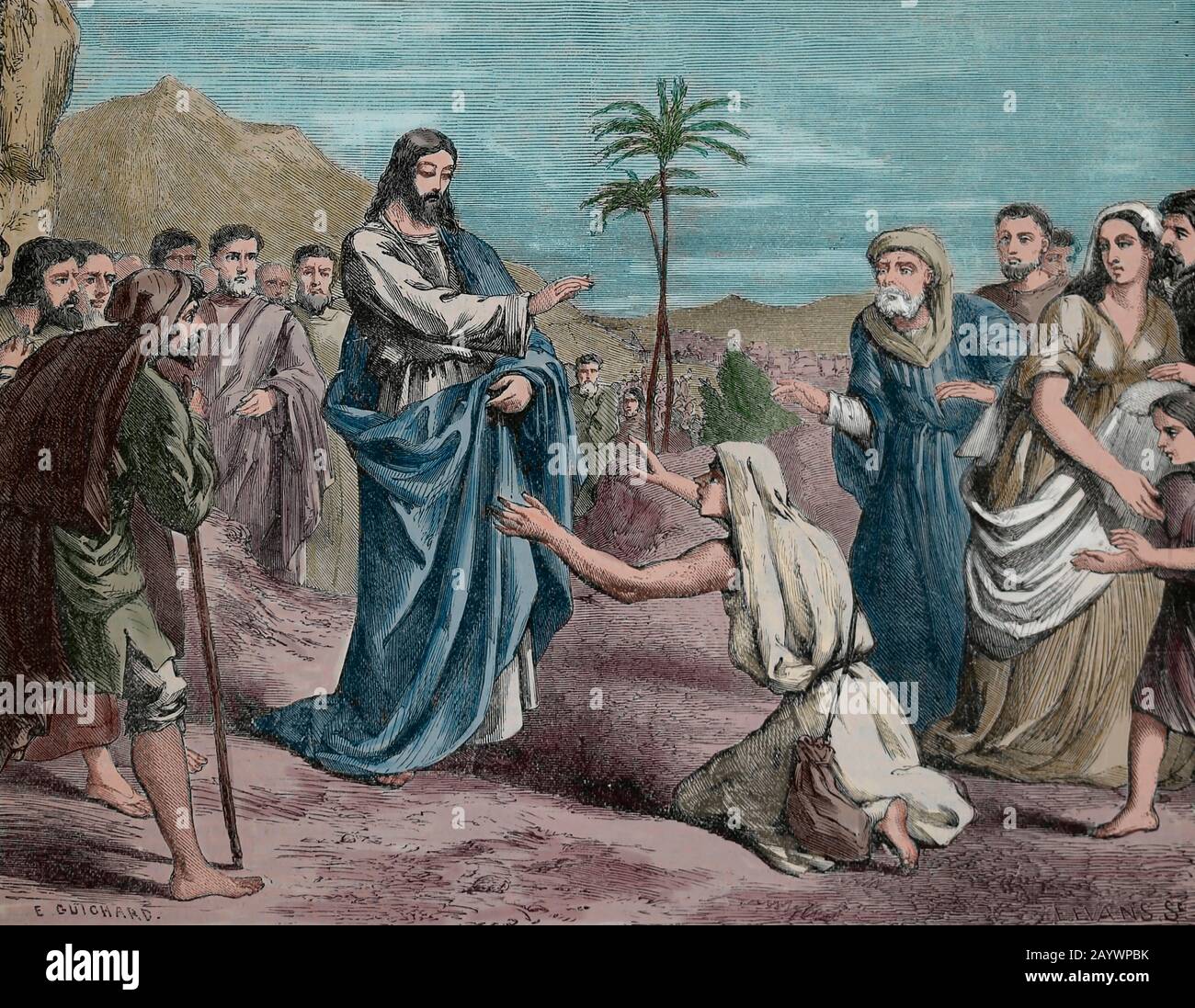 New Testament. Jesus cleansing a leper. Gospel of Matthew. Engraving, 19th century. Stock Photo