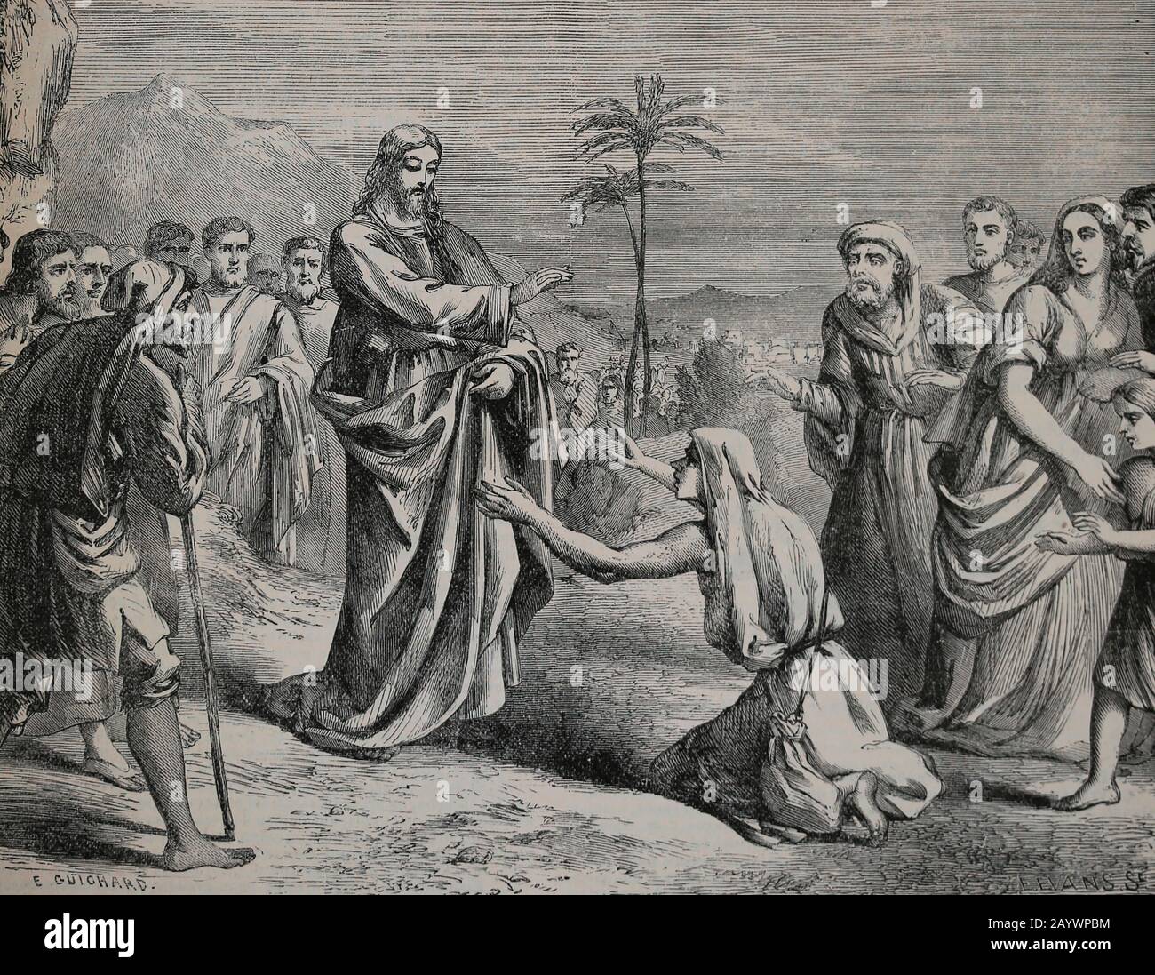 New Testament. Jesus cleansing a leper. Gospel of Matthew. Engraving, 19th century. Stock Photo