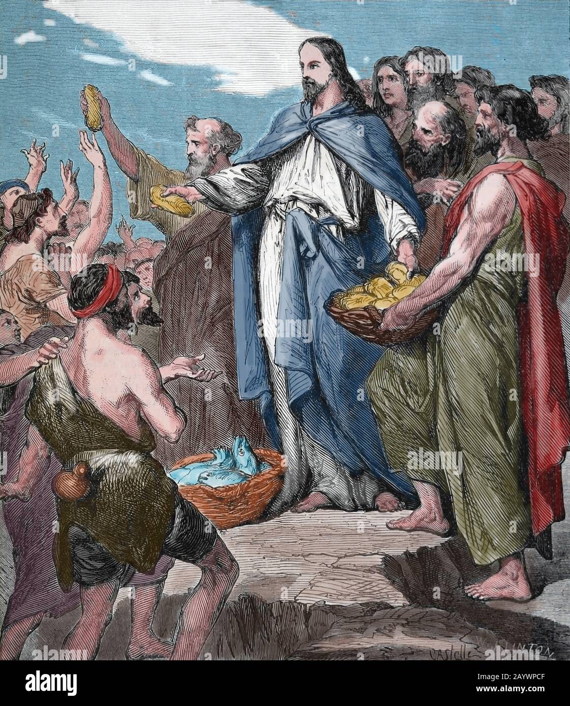 New Testament. Feeding the multitude. Miracle of Jesus. Engraving, 19th century. Stock Photo