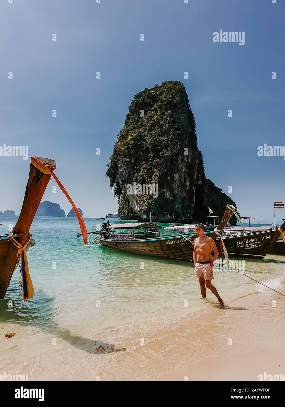 Krabi Thailand January 2020, tourist at the beach, Railay beach with a ...
