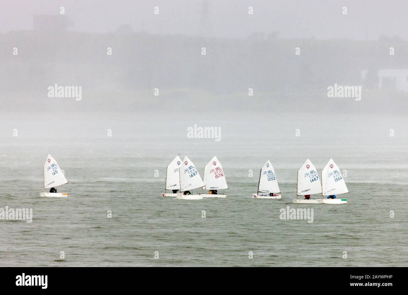Crosshaven, Cork, Ireland. 17th February, 2020. A group of Optimist dinghies from the Royal Cork Yacht Club caught out in a heavy hail shower while training in Cork Harbour at Crosshaven, Co. Cork, Ireland.  - Credit; David Creedon / Alamy Live News Stock Photo
