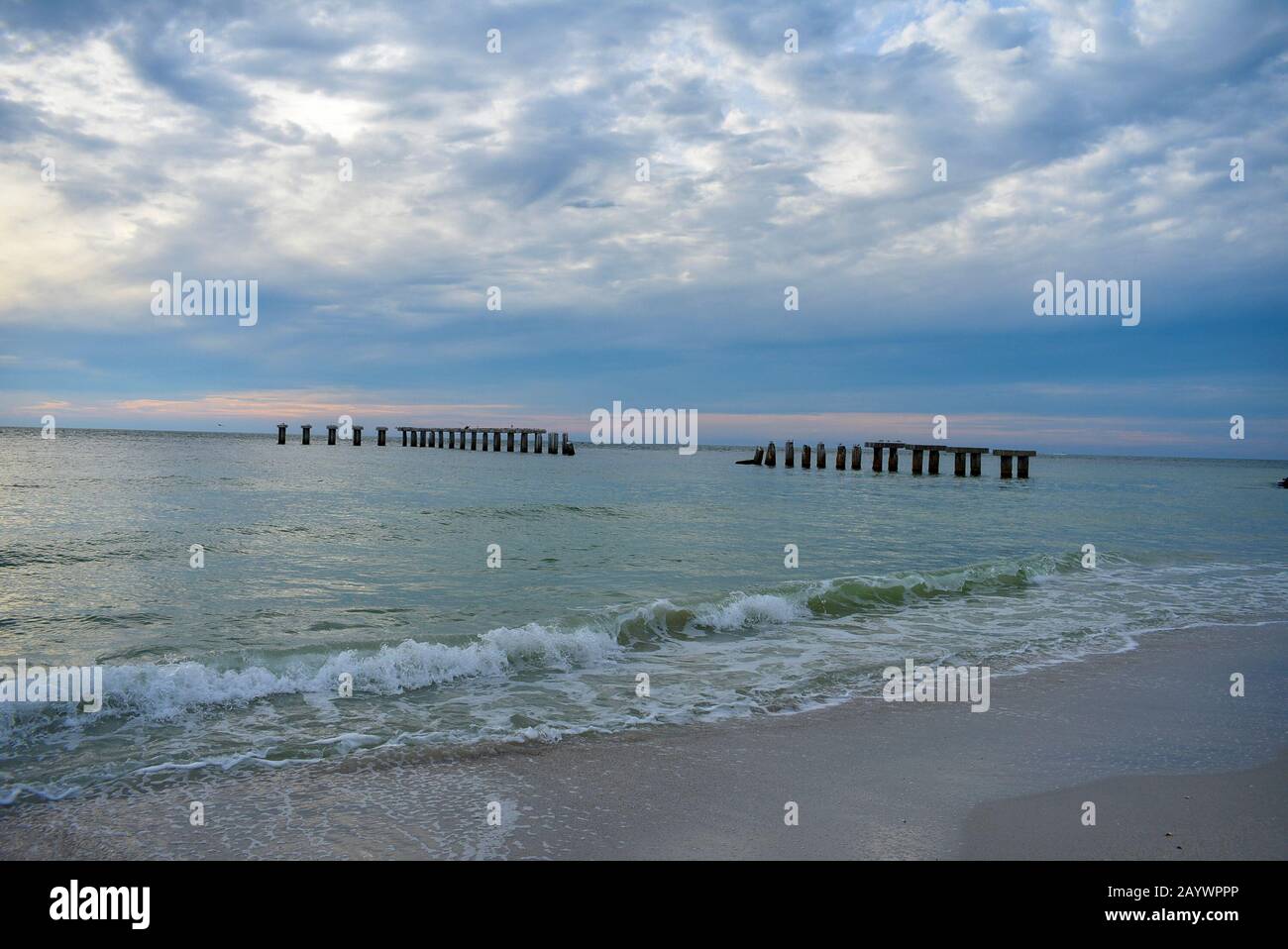 Boca Grande Beach Pier At Sunset, Beach Landscape Photography, Southwest Florida Gasparilla Island, Coastal Background, Dilapidated Concrete Pier Stock Photo