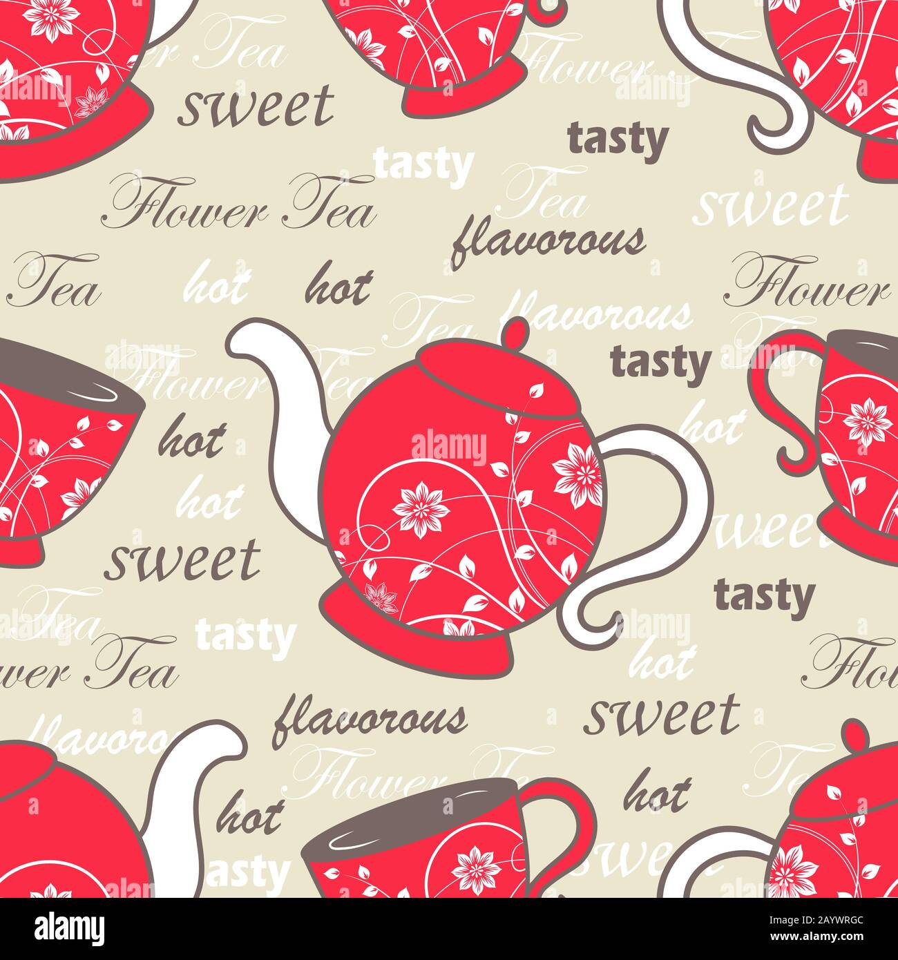 Seamless pattern with teapots and cups with floral design elements ...
