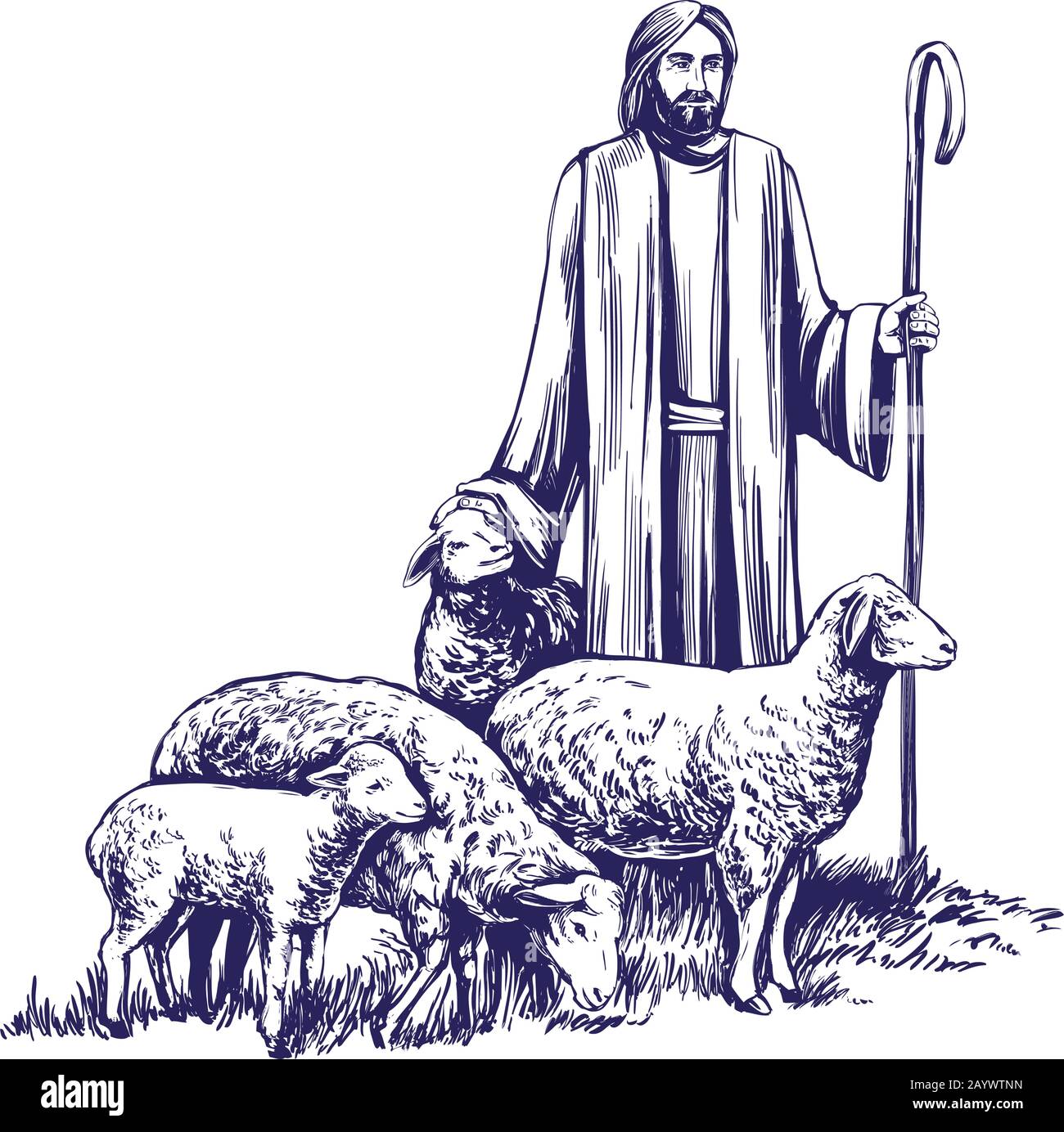 Son of God, the Lord is my shepherd, Jesus Christ with a flock of sheep, symbol of Christianity hand drawn vector illustration sketch. Stock Vector