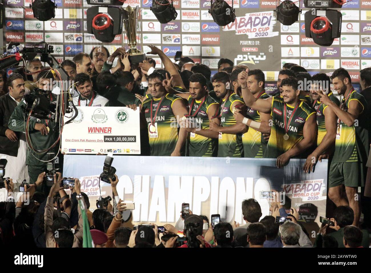 Lahore, Pakistan. 16th Feb, 2020. Pakistani Kabaddi team's players wave Pakistan national flags and spectators are celebrating its victory after winning final match of Kabaddi World Cup 2020, as Pakistan won the kabaddi world-cup 2020 by 2 points scoring 43-41 for the first time at Punjab Stadium in Lahore. (Photo by Rana Sajid Hussain/Pacific Press) Credit: Pacific Press Agency/Alamy Live News Stock Photo