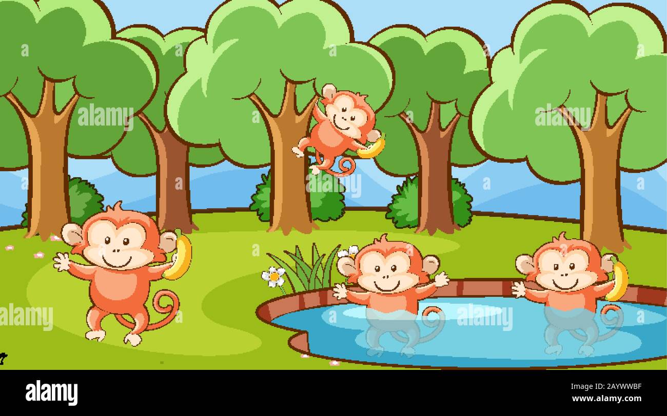 Scene with cute monkeys in forest illustration Stock Vector Image & Art ...