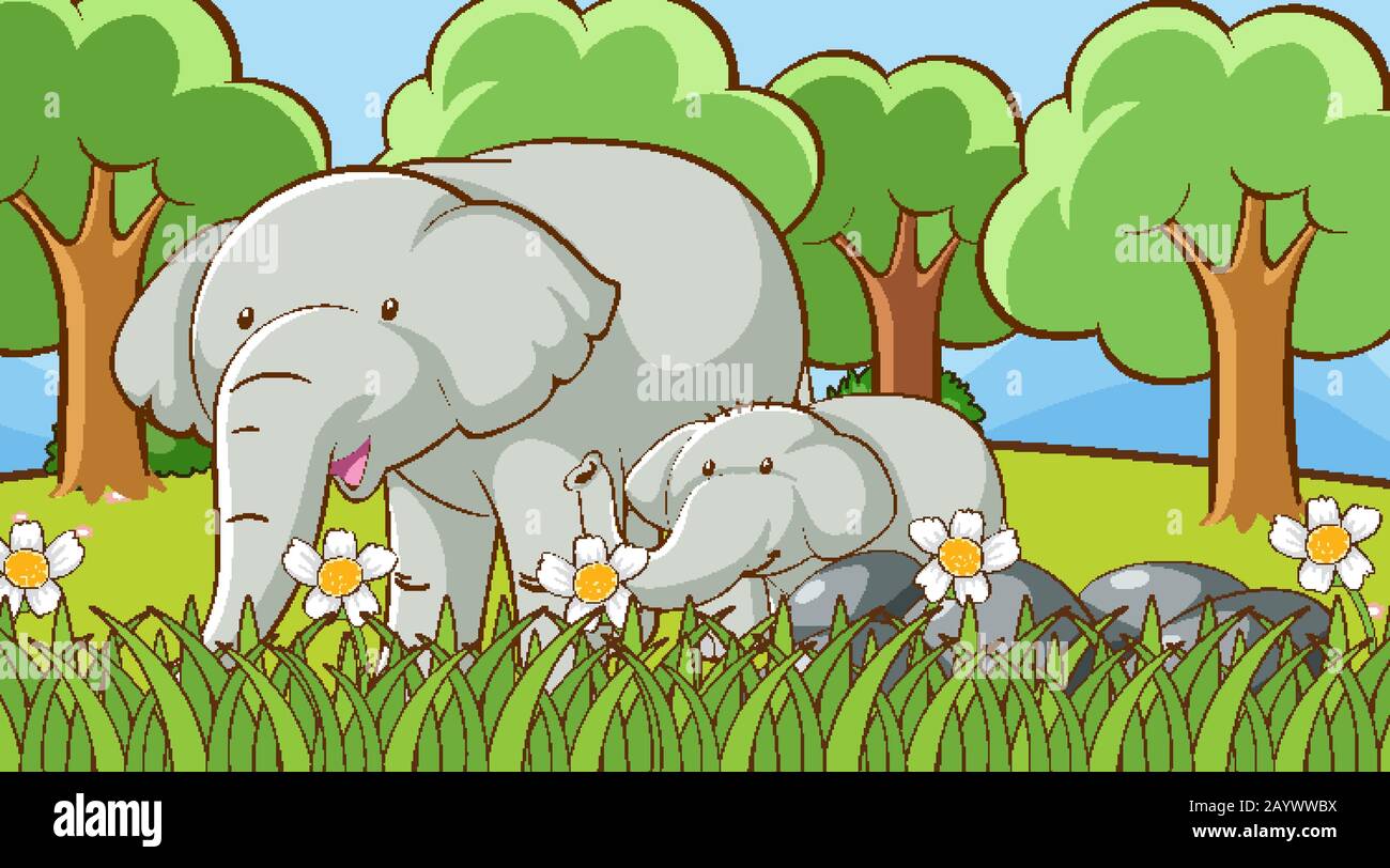 Scene with elephants in the park illustration Stock Vector Image & Art ...