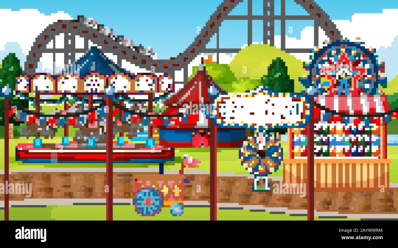Scene with many circus rides in the park illustration Stock Vector ...